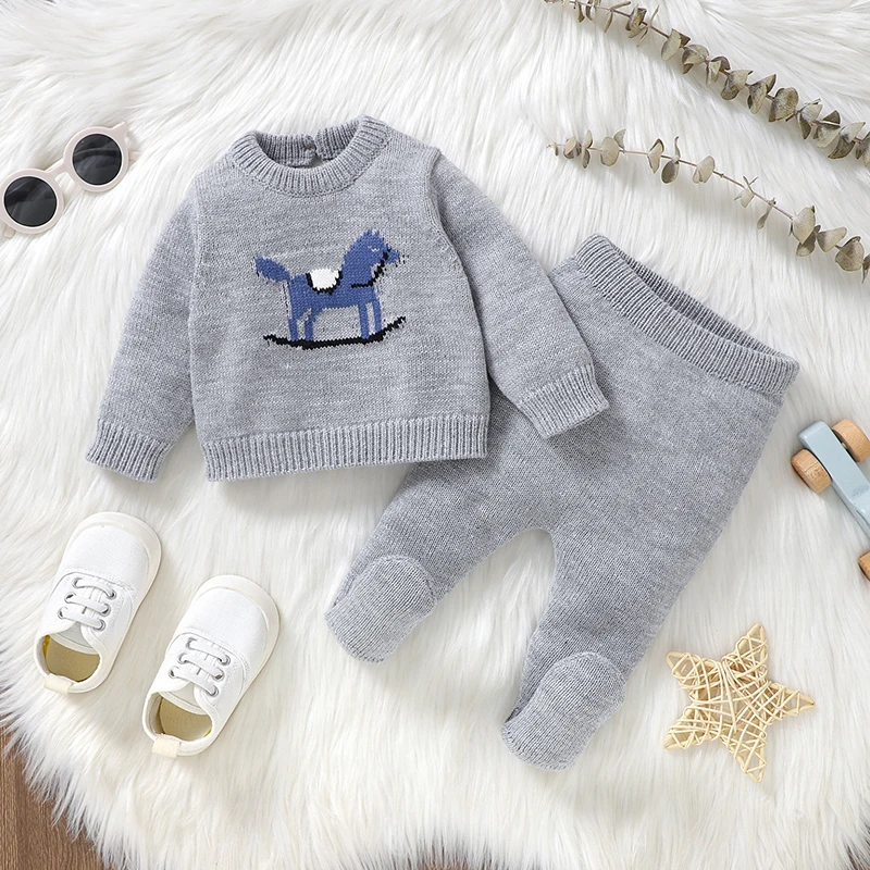 0-9m Newborn Baby Clothes Sets Grey Long Sleeves Knitwear Pullovers+Trousers Tracksuits for Infant Kids Boys Girls Autumn Winter