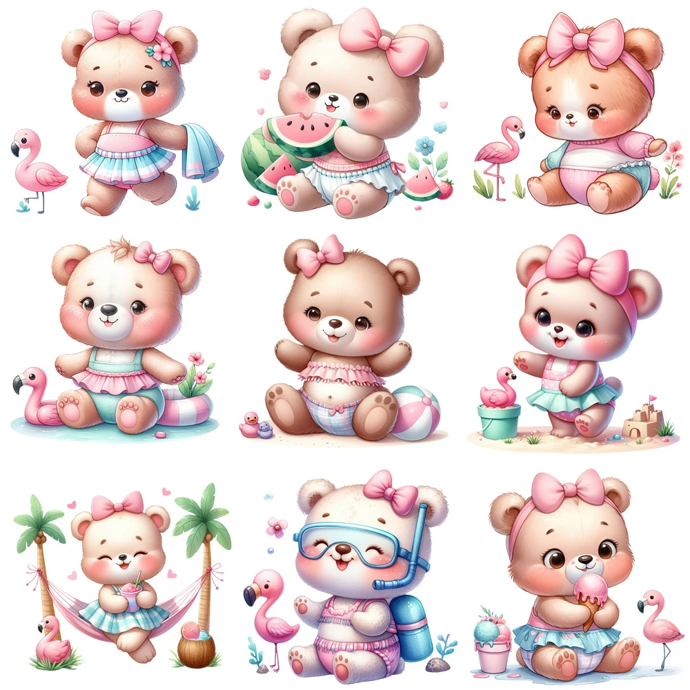 15cm Cartoon Summer Baby Bear Flamingo Iron On Transfer Stickers Diy DTF Heat Transfer Sticker T-shirt Clothes Decals