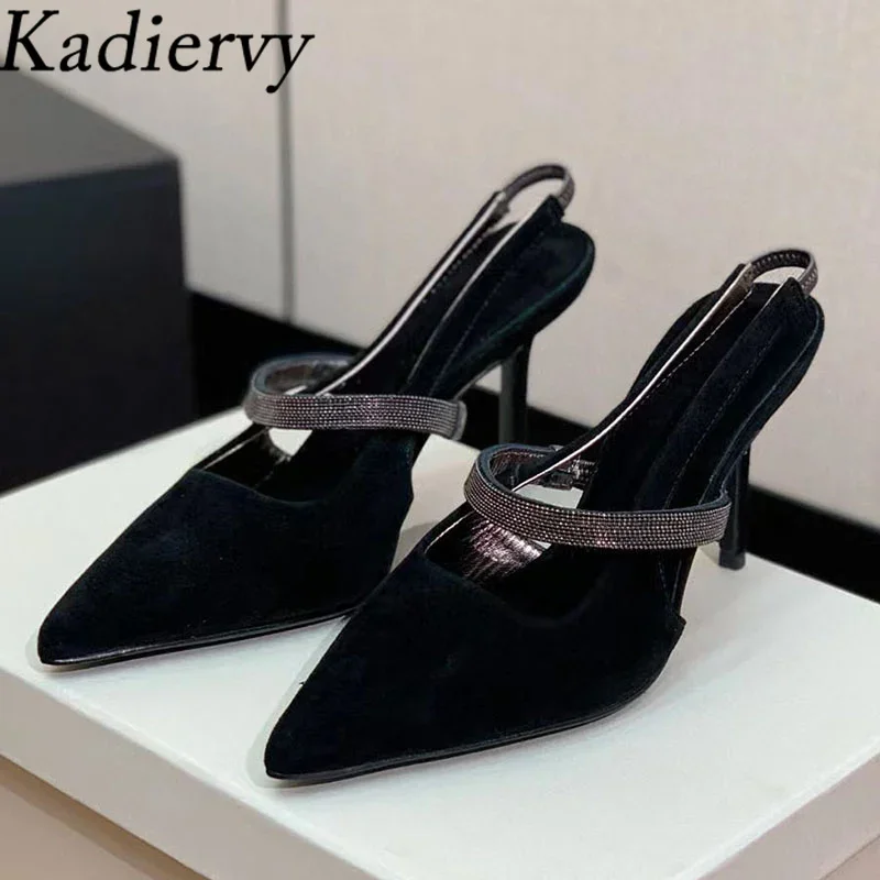 

Sexy High Heels Women Pumps Pointed Toe Slingbacks Suede Leather Summer Shoes Woman String Bead Thin Heels Sandals Women