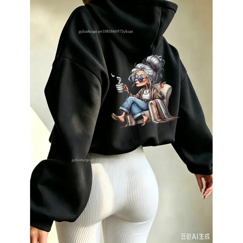 Vintage Oversized Hoodie Halloween Gifts Cool Grandma Drinking Coffee Pattern Fall Clothes Autumn Winter Lounge Wear For Mom