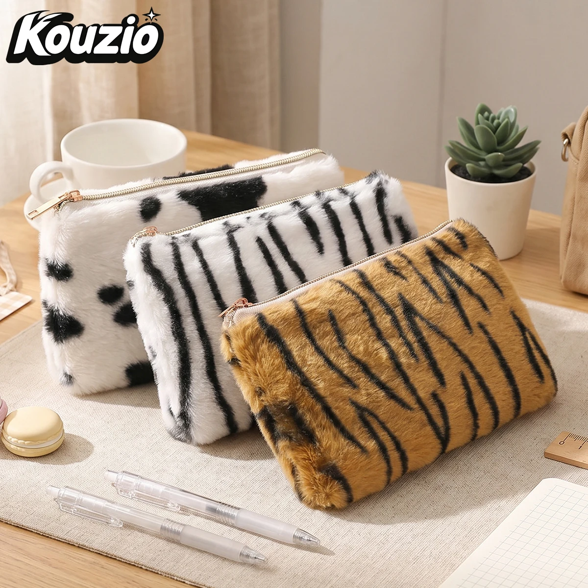 Zebra & Cow Pattern Plush Pencil Case, Soft Large Capacity Zipper Pen Pouch, Stationery Organizer, Back to School