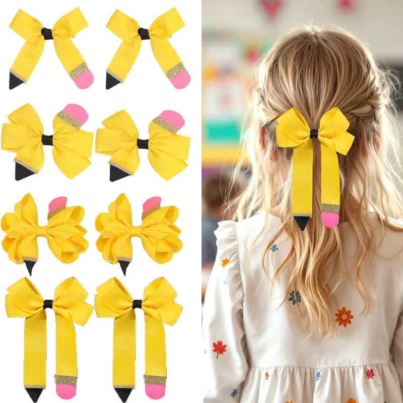 36pcs Kids Long Tassel Hair Clips Set Girls Pencil Print Bow Pattern Barrettes Hairpins Bulk Back to School Headwear Supplies