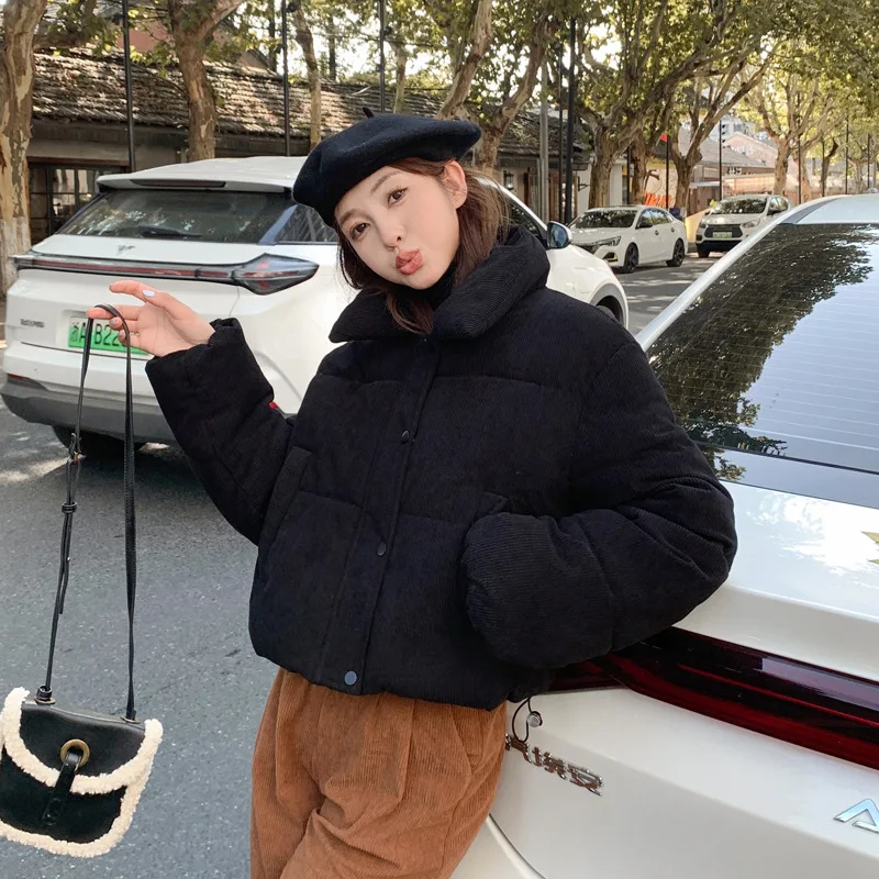 Women's Fall Winter Cotton Jacket Tops Short Zipper Warm Corduroy High Waist Niche Design Sense Simple Comfortable Harajuku New