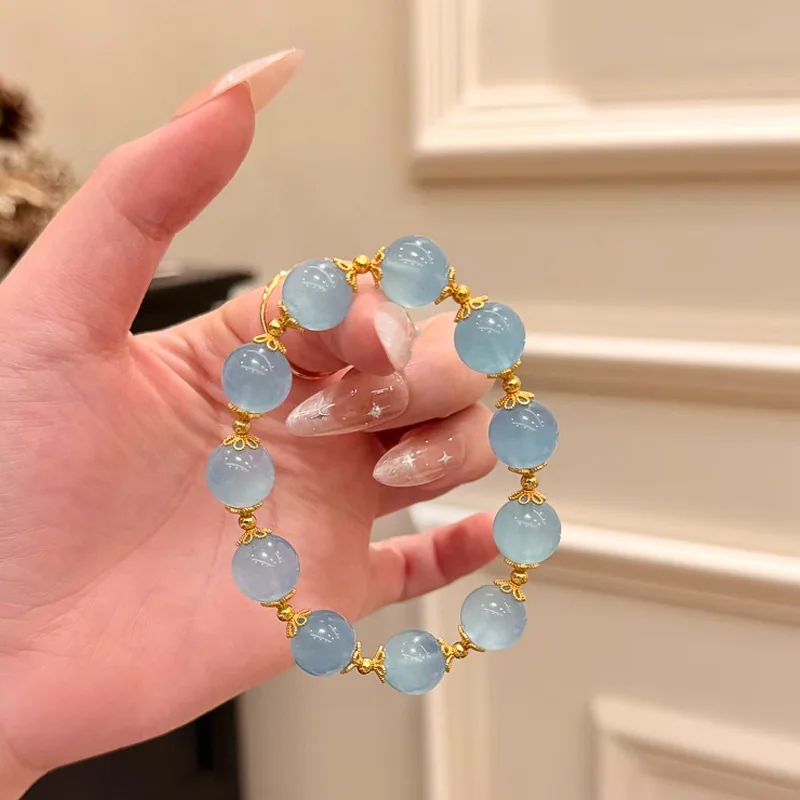 

Ice Jadeite Round Bead Bracelet Jewelry, Light Luxury Crystal Rope for Women, Modern Chinese Style Elegant Gift