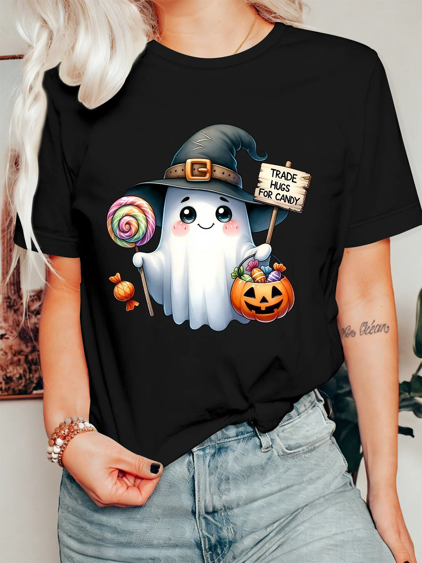 Autumn Fall Womens T Shirt Sweet Ghost Witch Hat Trade Hugs For Candy Print Short Sleeve O Neck Casual Trick Or Treat Party Tops