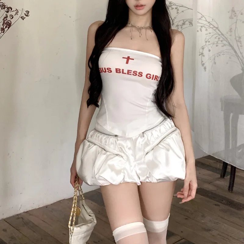 Vintage Korean Retro High Street Letter Print Camis  + White Mini Skirt Shorts with Pocekrt Suit 2 Pieces Sets Y2k Suit