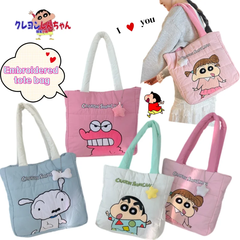 Nova Bolsa de Mão Bordada Crayon Shin-chan Nohara Shiro, Bolsa de Ombro Tote de Alta Qualidade e Grande Capacidade, Estilo Cartoon Fofo, Versátil para Estudantes