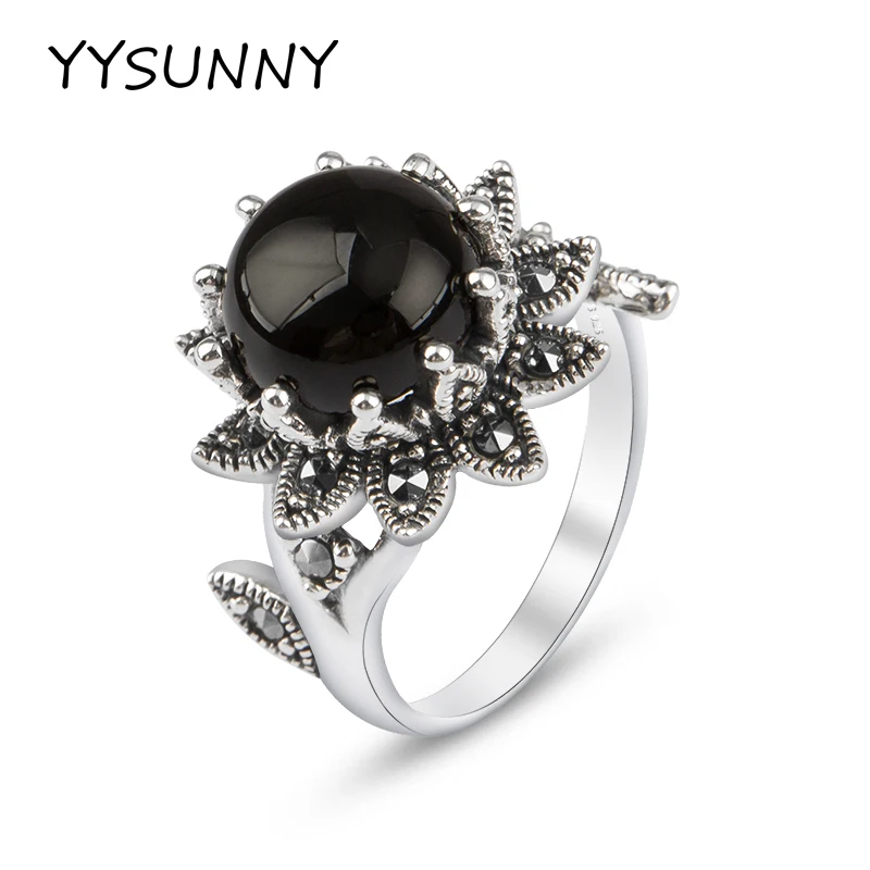 

YYSUNNY 925 Silver Sunflower Maxsai Stone Set Black Chalcedony Retro Hypoallergenic Women's Ring