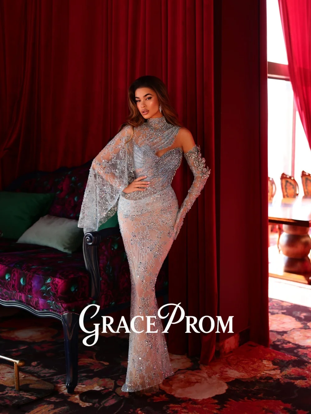 

GraceProm Alluring High-Neck Evening Dress 2026 Dazzling Beaded Carpet Gown Stylish Sheath Floor-Length Party Gown