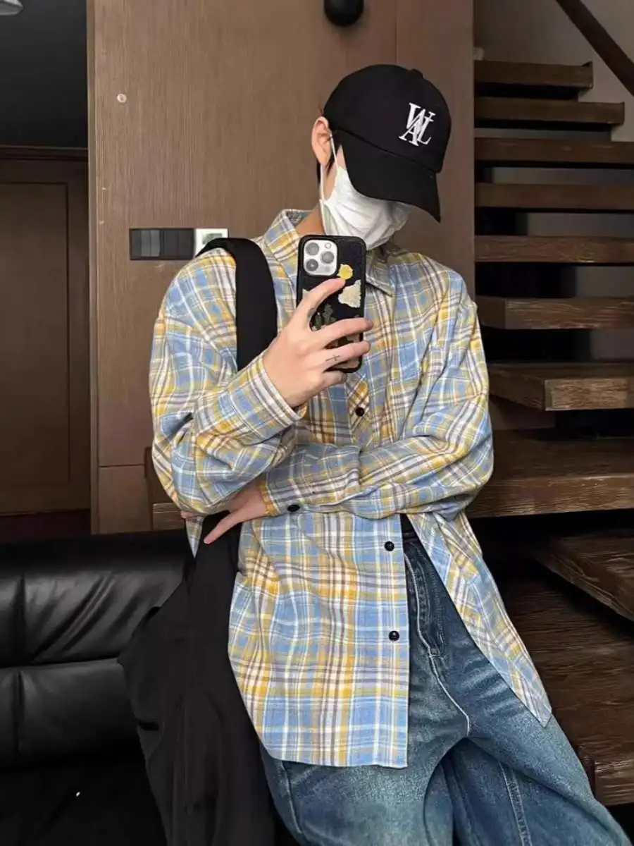 

Loose Long Sve Plaid Casual irt Vintage Street American Sle Summer Coat Trendy Hong Kong Sle Men's Faion irt