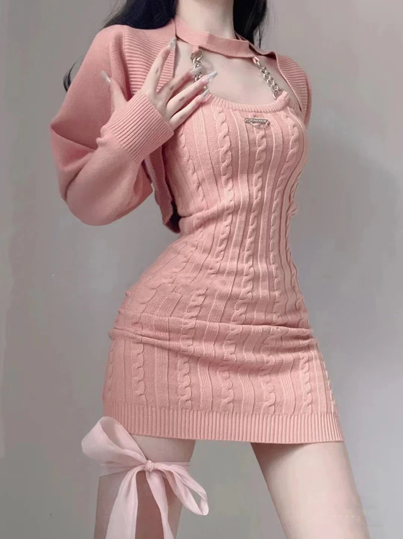 knitted Two Piece Sets Fashion Hot Girl Outfits For Women Suit Crop Top pink cardigan Female Mini Wrap knitted dresses Woman