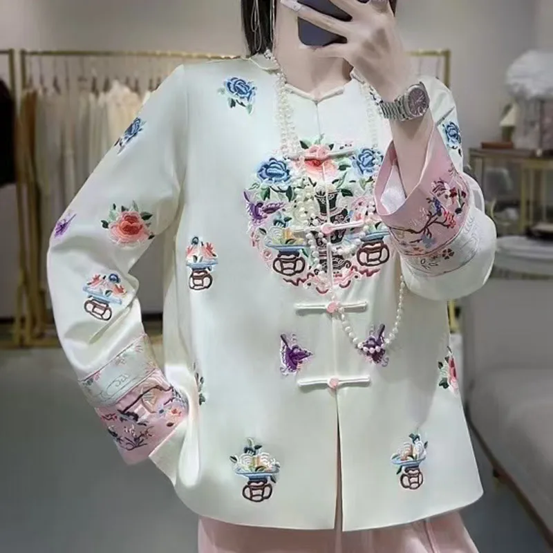 

High-end Satin Acetate Women Jacket Top Embroidery Flowers Tang Suit Elegant Lady Loose Coat Female S-XXL