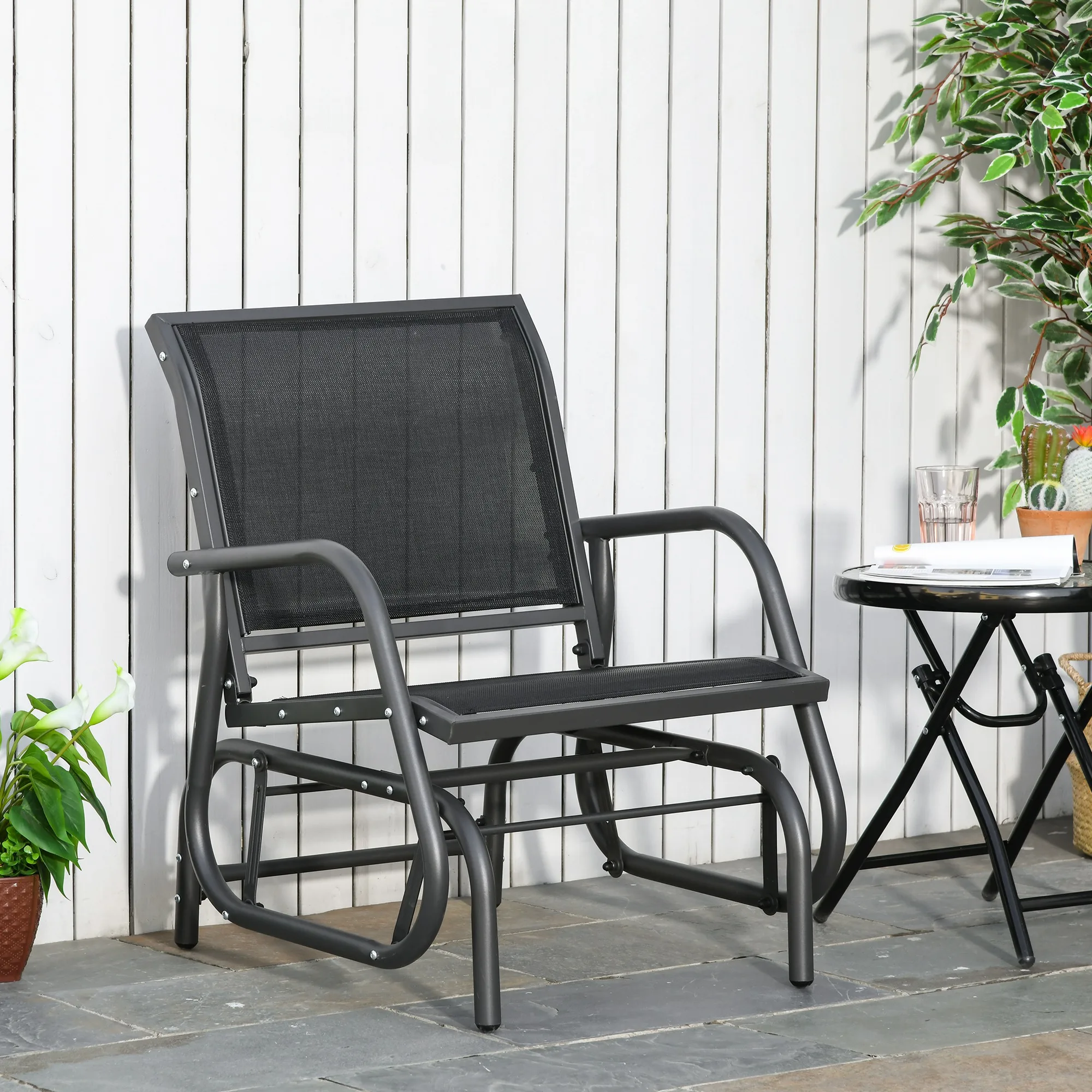 Outsunny Outdoor Glider Chair, Swing Chair with Breathable Mesh Fabric, Curved Armrests and Steel Frame for Porch, Garden, Poolside, Balcony, Black