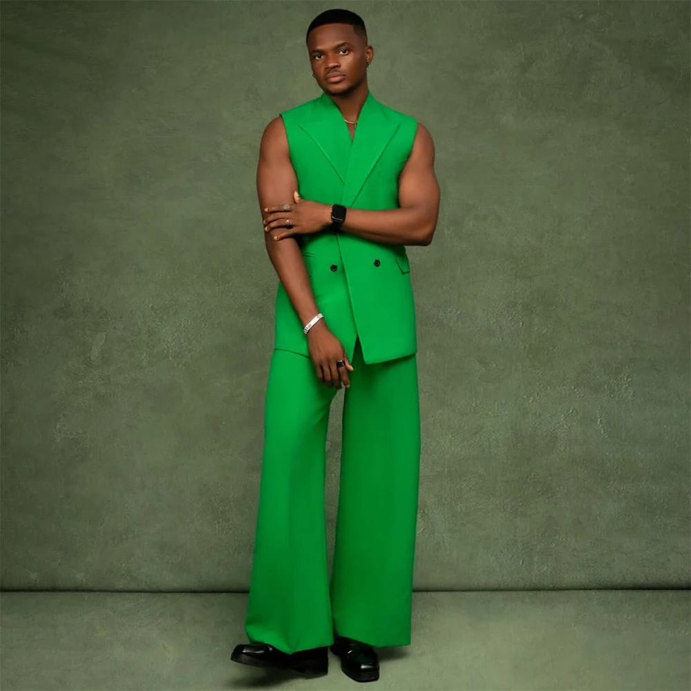 

Simple Summer Men's Suits Fashion Double Breasted Sleeveless Peak Lapel Outfits High Quality 2 Piece Jacket Pants Clothing