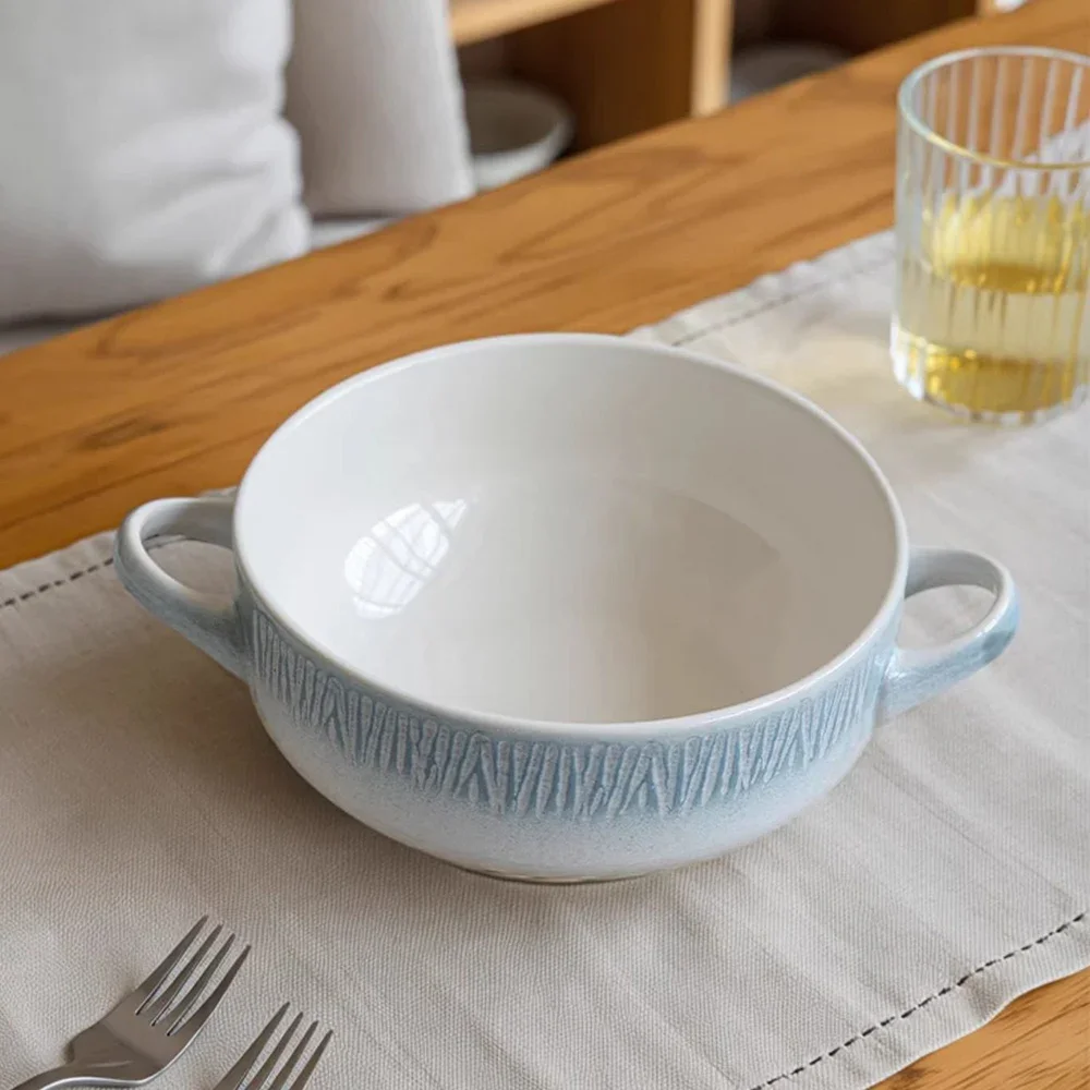 Contrast Color Double Eared Ceramic Bowl Delicate Texture Porcelain Household Tableware Soup Noodles Vegetable Salad Bowls