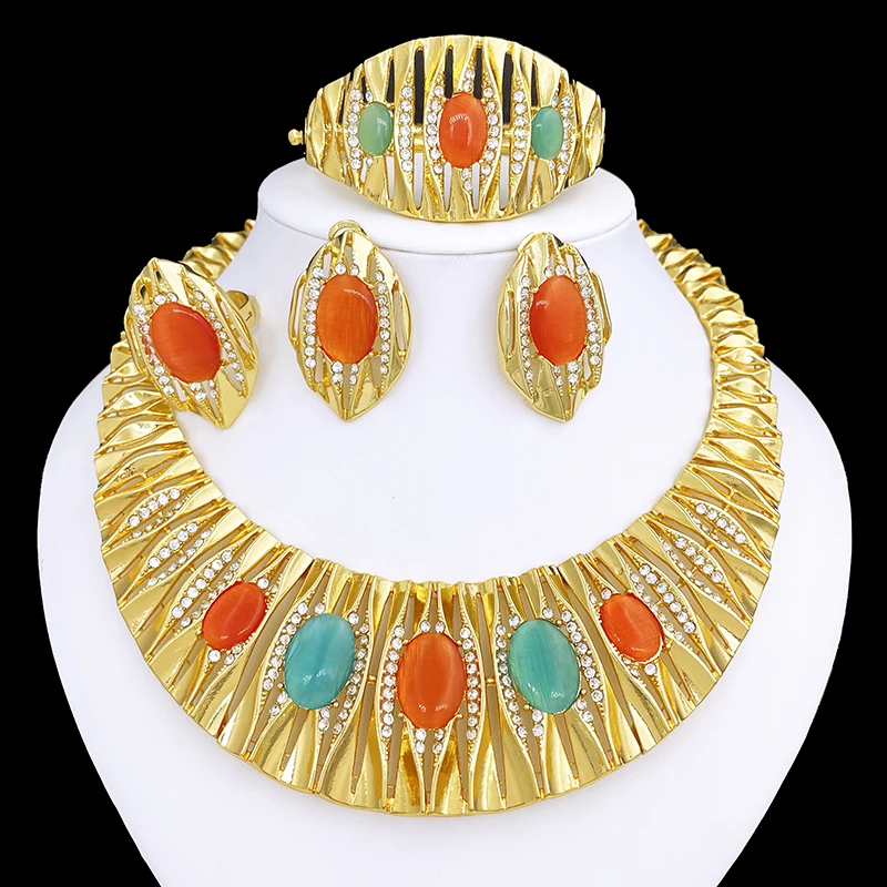 Dubai Gold Color Jewelry Set For Women High Quality 18K Gold Plated Opal Jewelry Necklace Earring Ring Bracelet 4PCS Set Jewelry