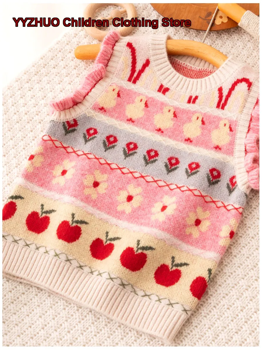Infant Vest Baby Girl Double-Layer Thickened Cashmere Vest Princess Style Stylish Knit Waistcoat Girls