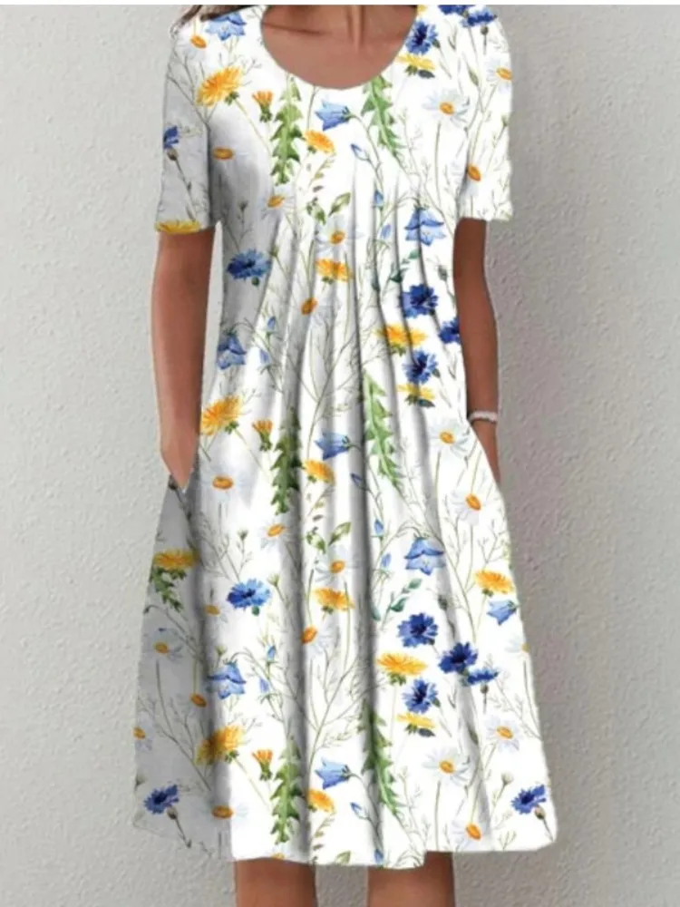 

Spring Summer Women's Dresses Folds Elegant Casual Loose Round Neck Vestidos New Floral Printing Short-sleeved Dress For Female