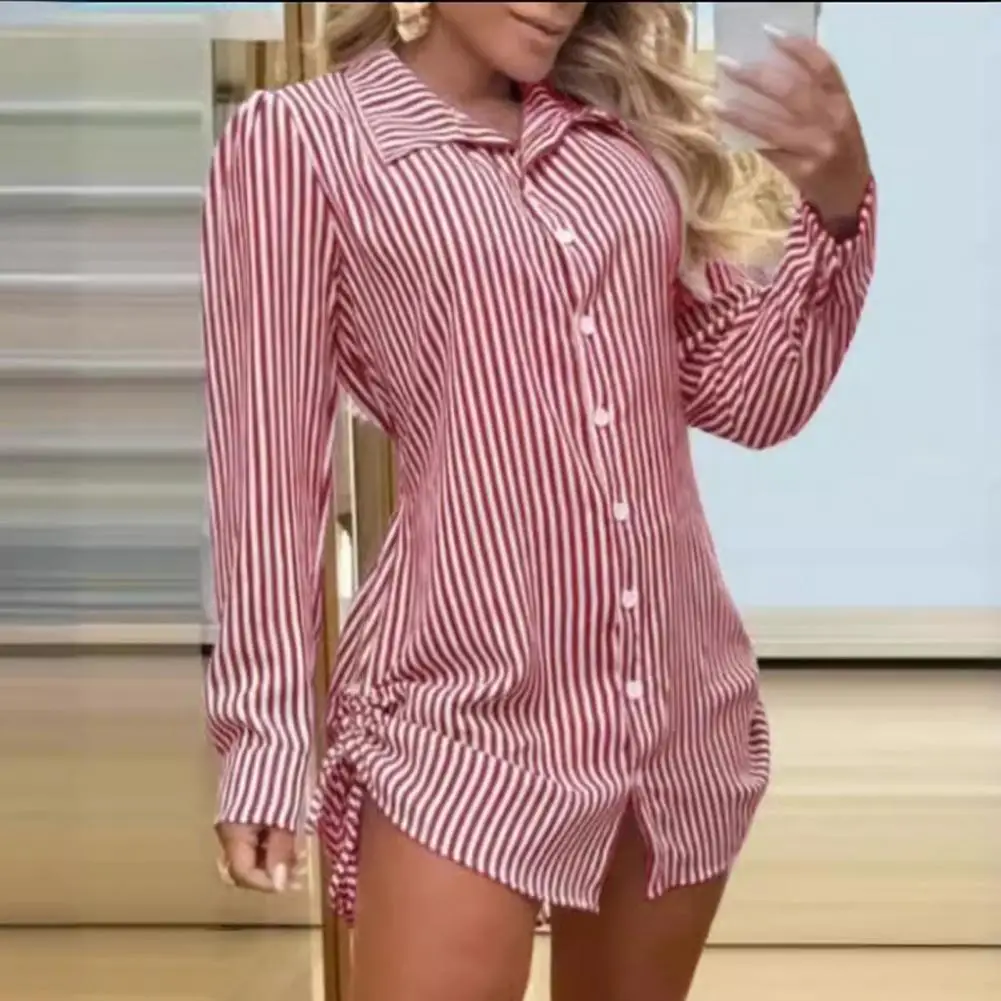 

Striped Mini Dress Striped Print Side Drawstring Women's Shirt Dress Stylish Long Sleeve Cardigan for Wear Short Mini Dress