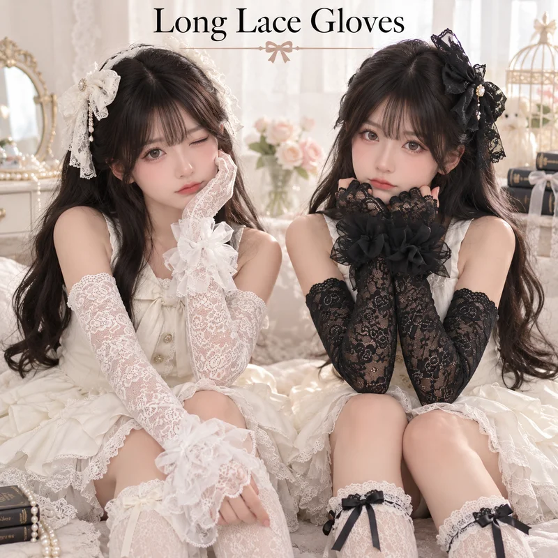 1 Pair Black Gothic Fake Long Arm Sleeves Women Lolita JK Lace Fingerless Elastic Gloves,Fashion Clothing Decoration Accessories