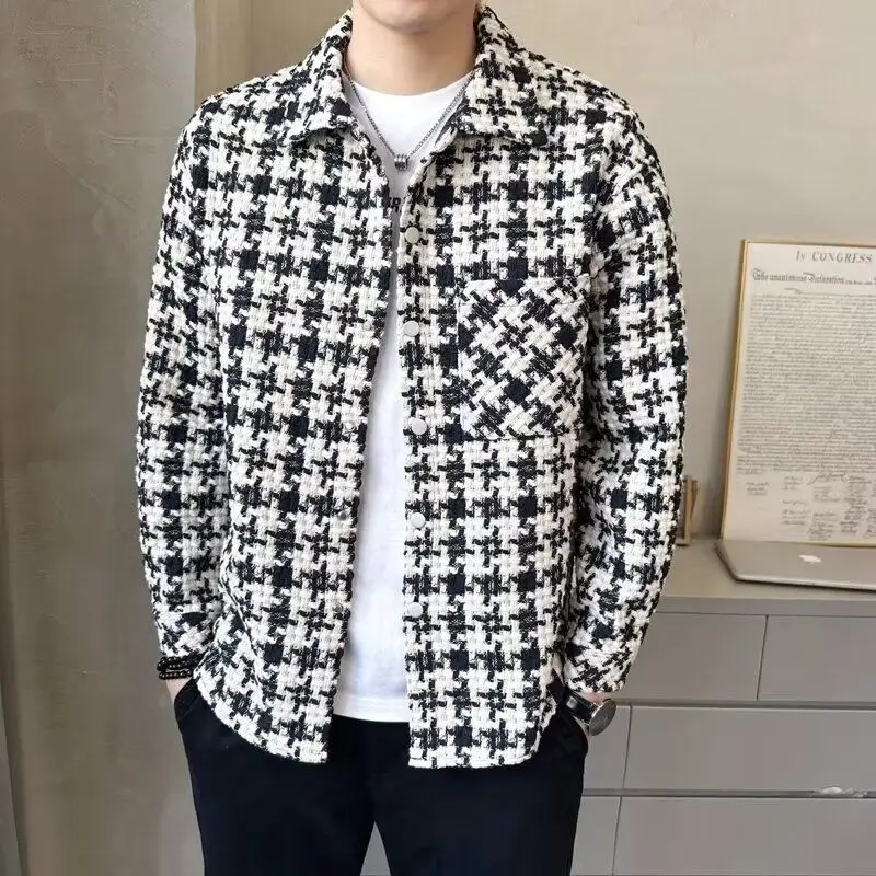 The Spring and Autumn Annals Men Jacket Streetwear Xiaoxiangfeng Houndstooth Weave Chao Pai Tops Black and White Grid Leisure