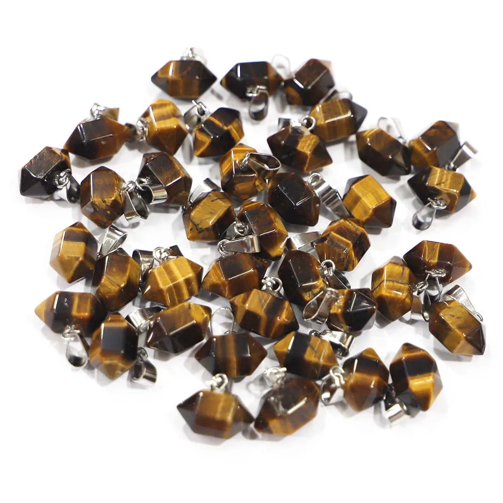 Natural Tiger Eye Stone Hexagonal Pillar Ornament Necklaces Pendants Reiki Charms Diy Jewelry Accessories Making Wholesale 30Pcs