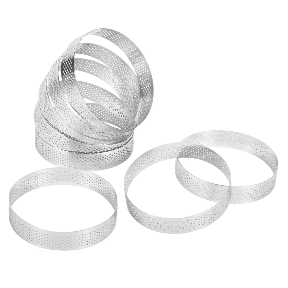 8Pcs Stainless Steel Tart Ring, Heat- Perforated Cake Mousse Ring Round Double Rolled Tart Ring Metal Mold 10cm