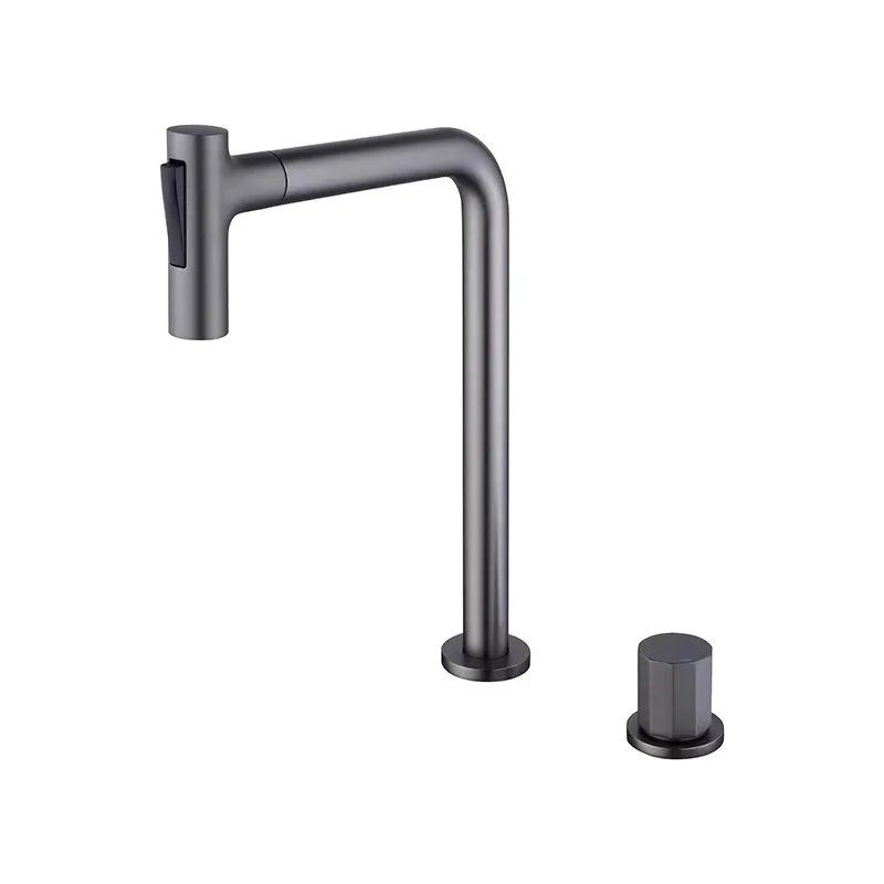 

Modern Hotel Bathroom Deck Mounted Basin Faucet Brass Pull Out Taps with Dual Handle Hot Cold Water Brushed Surface Finish