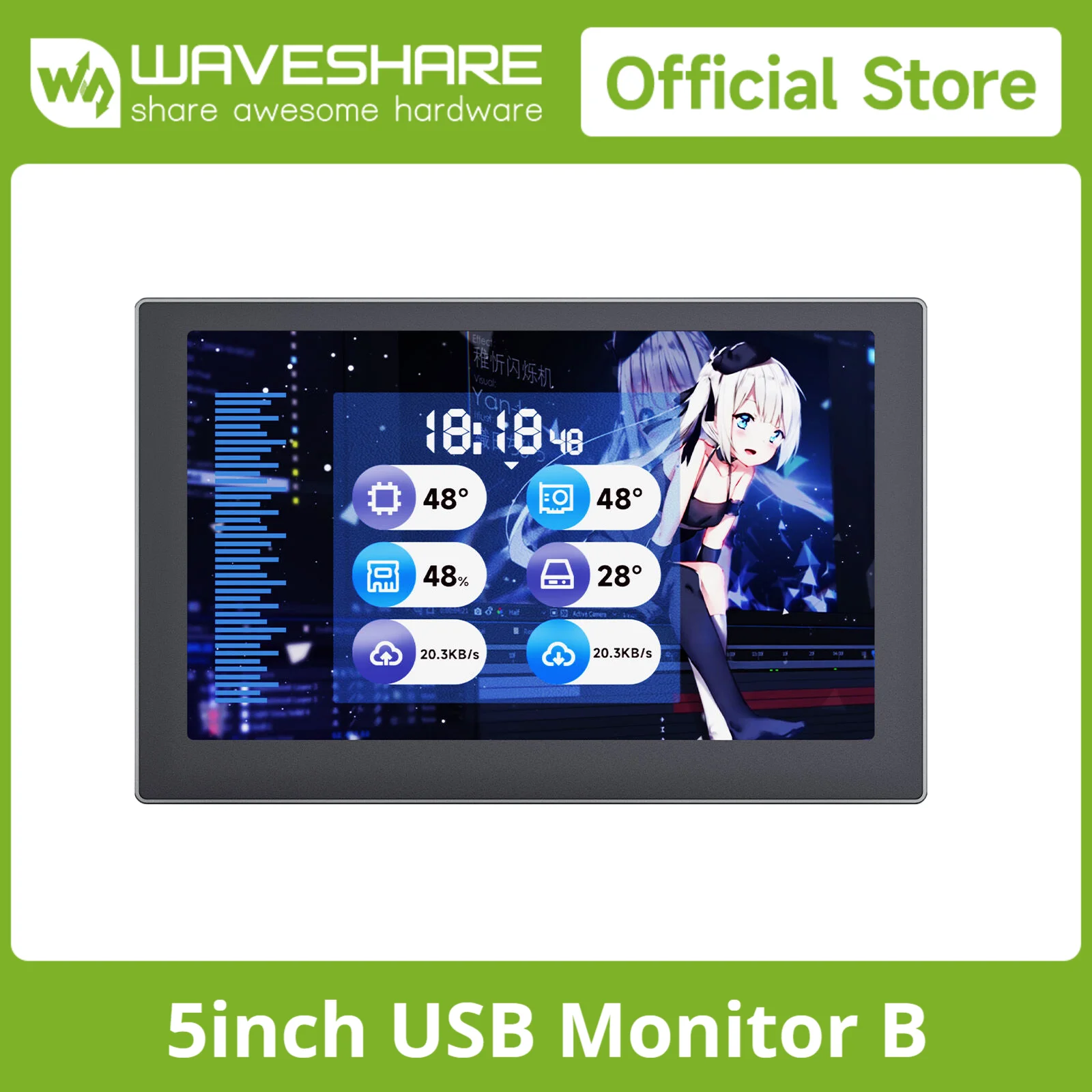 Waveshare5 / 7 / 8 / 8.8 Inch USB Monitor, AIO LCD Screen, PC Case Secondary Screen / Desktop RGB Ambient Screen, IPS Panel