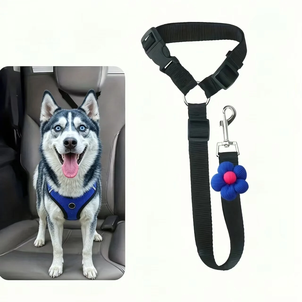 Cute Flower Decor Pet Car Seat Belt, 2-in-1 Adjustable Nylon Dog Safety Restraint Strap, Can Be Used As Walking Leash