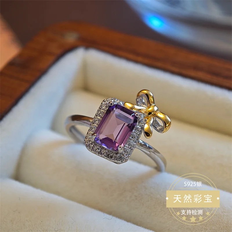 

Natural Real Amethyst Wedding Ring for Women 925 Sterling Silver Square Shape Adjustable Size Bowknot