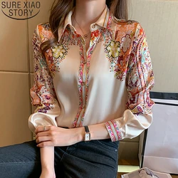 2024 Autumn Fashion Floral Print Blouse Women Satin Shirts Office Lady Elegant Tops Long Sleeve Silk Clothes 18440