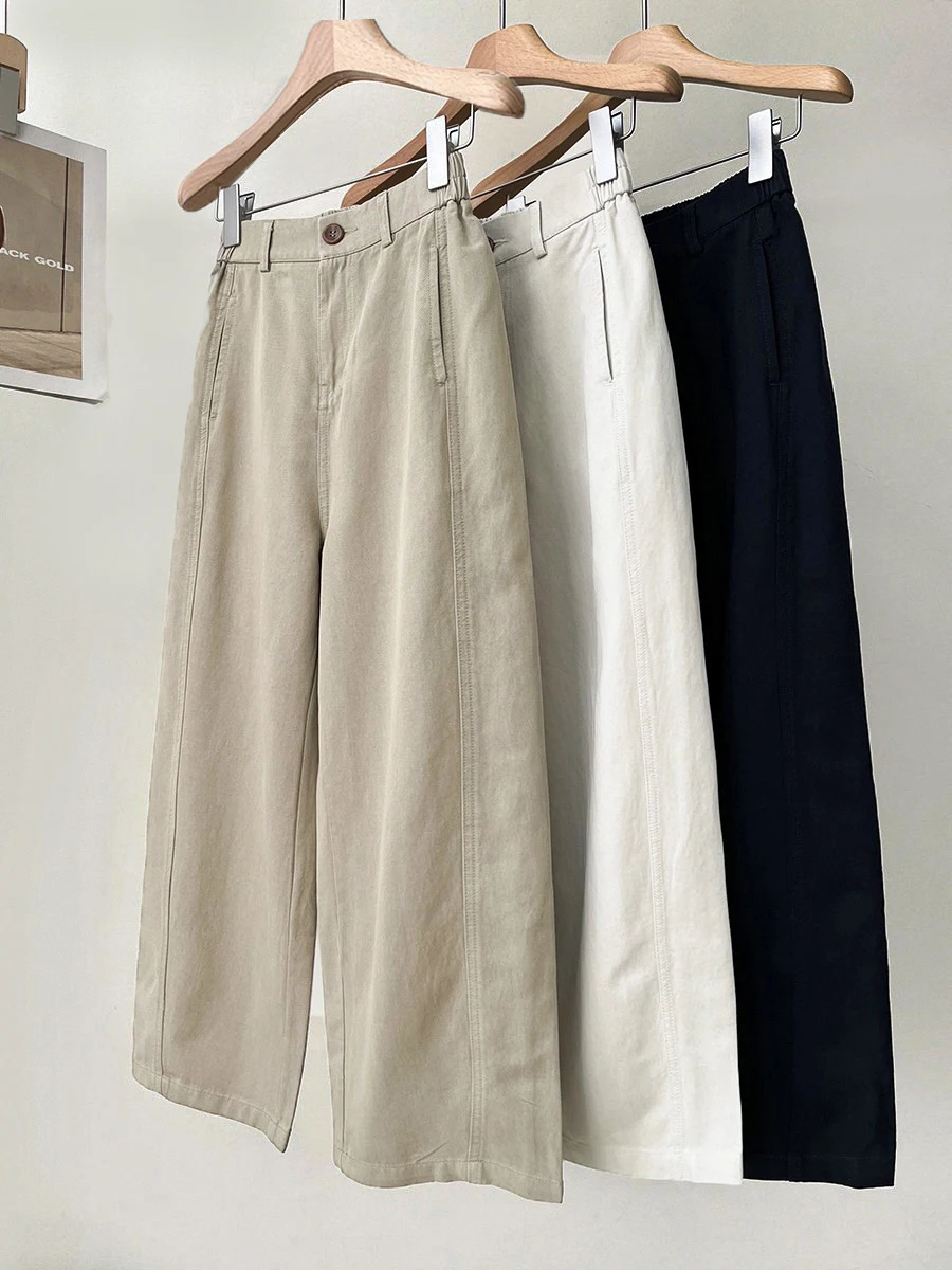 High Waist Casual Pants Women's Spring Autumn Style  Cotton Loose Wide Leg Nine Points Slimming Effect Versatile Pants