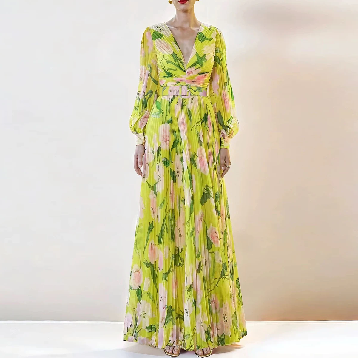 الأزهار طباعة عطلة الدكتور المرأة سليم صالح مطوي تنورة طويلة جديد Sle مربوط ميدي الدكتور فقاعة Sve V-Ne ألف خط تنورة