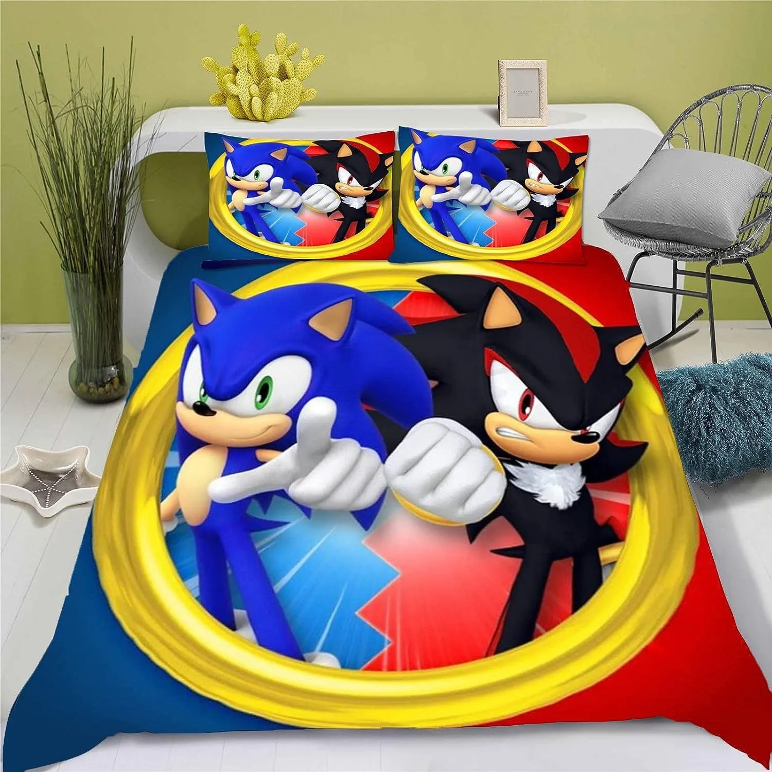 The Hedgehog Bettbezug, Kissenbezug, Sonic Shadow Bettwäsche-Set, für Erwachsene, Jungen, Mädchen, Schlafzimmerdekoration, Kindergeschenk, Einzel- und Doppelgröße