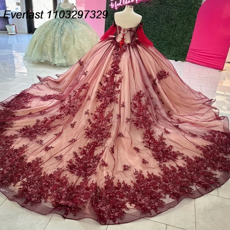 EVLAST-Vestido De quinceañera Burdeos con purpurina, Vestido De baile, apliques De encaje con cuentas, manga larga, Vestido dulce De México 16, 15 años, TQD407