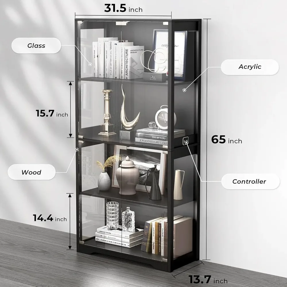 Display Cabinet with Glass Door, Four-layer Cabinet of Curiosities, Glass Display Cabinet with Human Body Sensor
