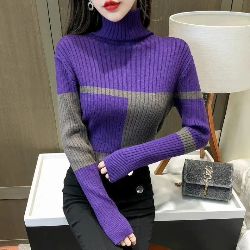 Women\'s Clothing Fashion Slim Spliced Knitted Pullovers 2023 Autumn Winter New Casual Commute Long Sleeve Sweaters for Female