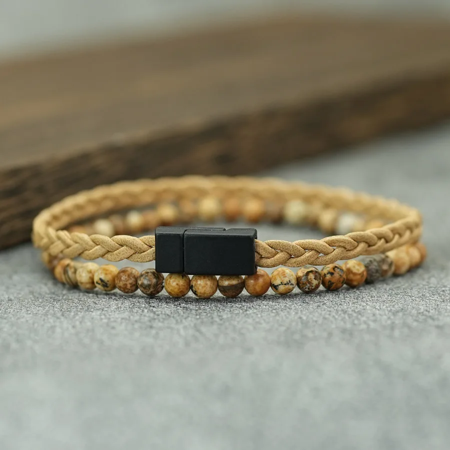 2 Stück geflochtenes Leder mit Naturstein-Armband für Herren, schwarzer Magnetverschluss, Charm-Wickelarmband, 4 Stile von Freizeitaccessoires