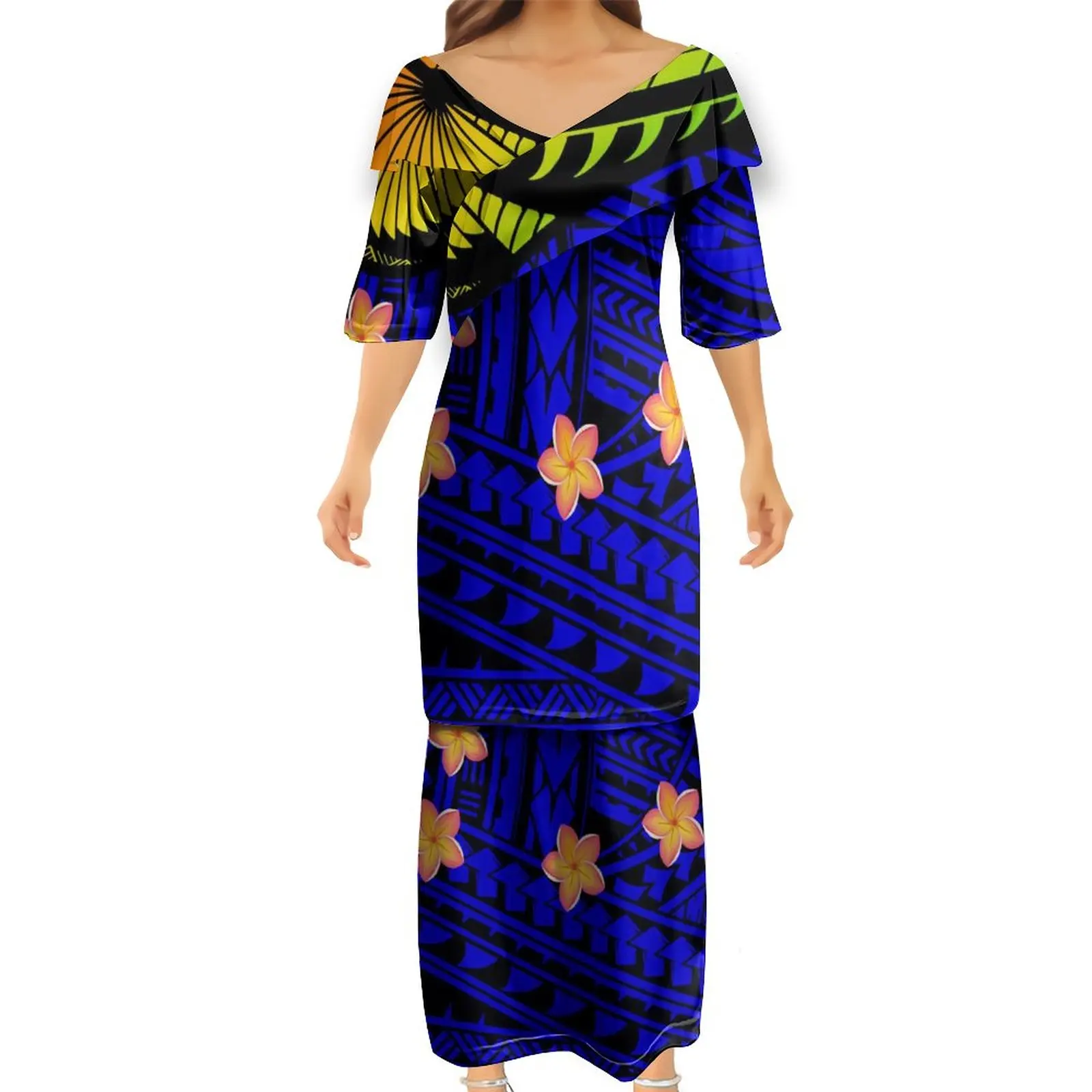 

Summer Blue Polynesian Tribal Plumeria Sublimation Print V-neck Puletasi Women Half Sleeve Dress Custom Pattern Couples Dress