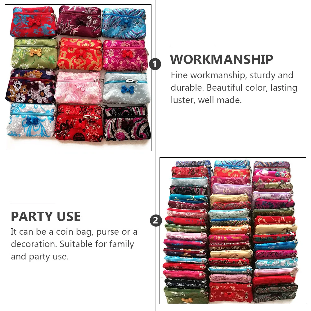 

4Pcs Silk Purse Chinese Style Zipper Coin Bag Compact Durable Brocade Change Purse Storage Pouch for Family Party Use