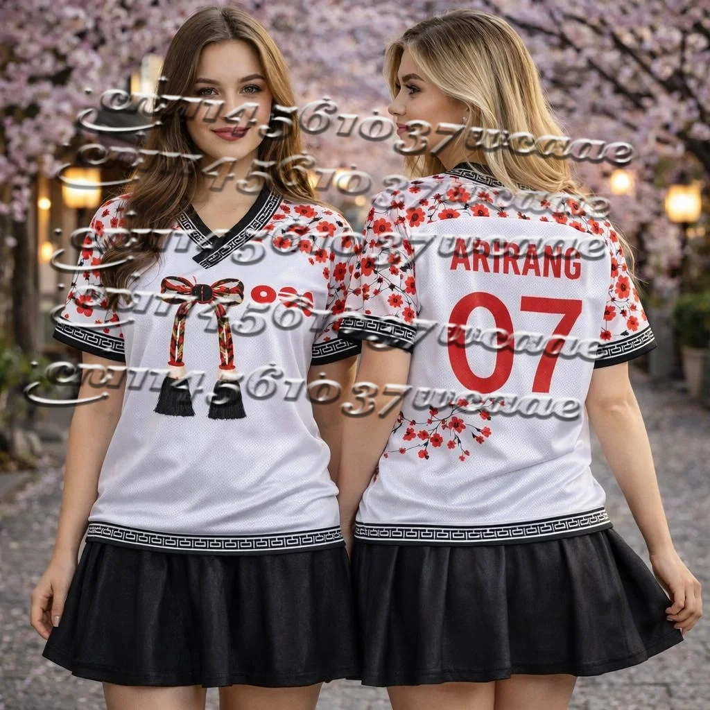 2026/27 NEW Kpop Chinese Plum Blossom Themed  Jersey Red Print Casual Oversized Summer T Shirt Perfect As Gift FamilyMatching