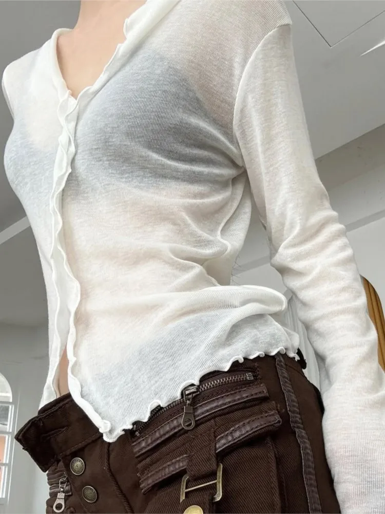 여성 의류 단색 섹시 시스루 버튼 티셔츠 브이넥 긴팔 블라우스 탑 심플 스타일 올매치 기품