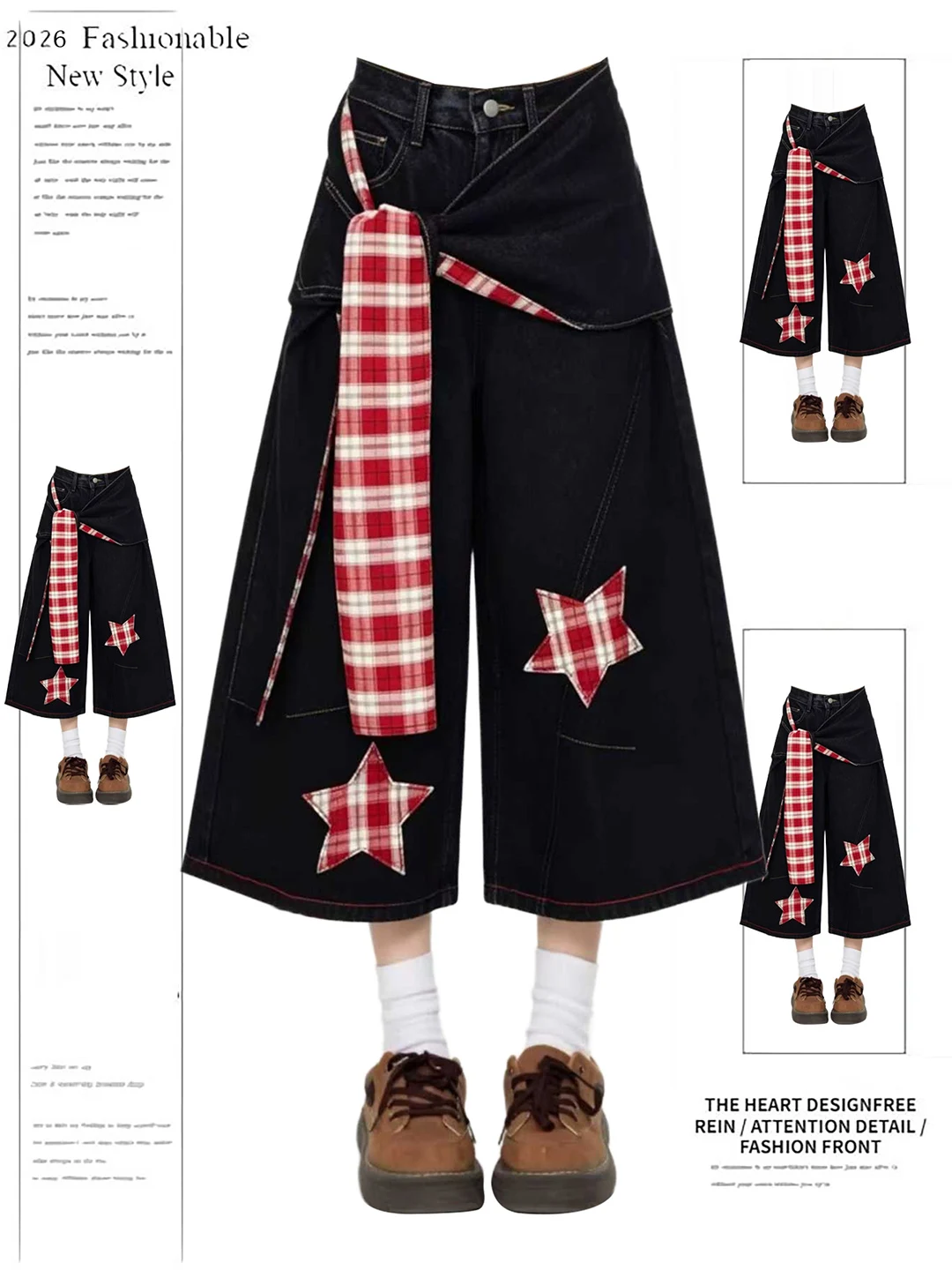 

American Style High Street Star Plaid Wide Leg Casual Shorts Women's Denim Skirt Curtain Seven-Foot Jeans Trendy