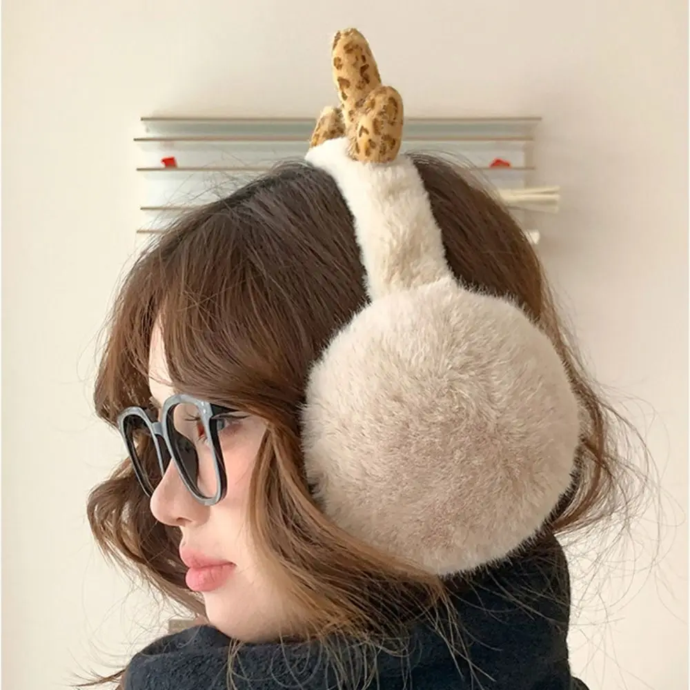 Soft Ear Cap Plush Earmuffs Leopard Print Deer Antler Winter Earmuffs Thicken Ear Warmers Imitation Fur Ear Cover Student