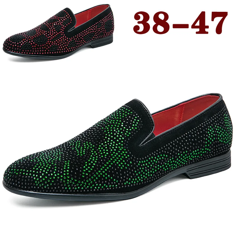 

NEW Pointed Toe Embroidery Rhinestone Flat Shoes for Men Leather Casual Shoes Fashion Slip on Men Loafers Luxury Party Moccasins