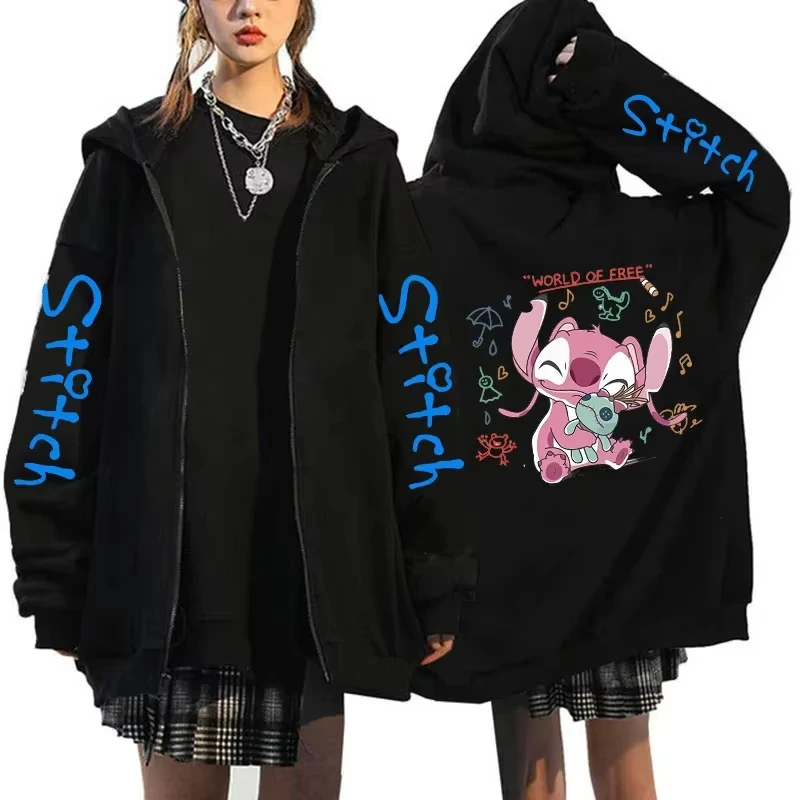 Sudadera con capucha animada bonita de Disney Stitch para parejas, Sudadera con capucha con cremallera, sudadera para mujer, ropa de calle, Sudadera con capucha holgada informal para mujer