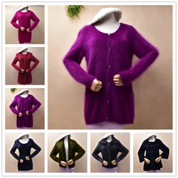 Ladies Women Autumn Winter Clothing Hairy Angora Rabbit Hair Knitted Long Sleeves Split Loose Cardigans Sweater Coat Pull Tops