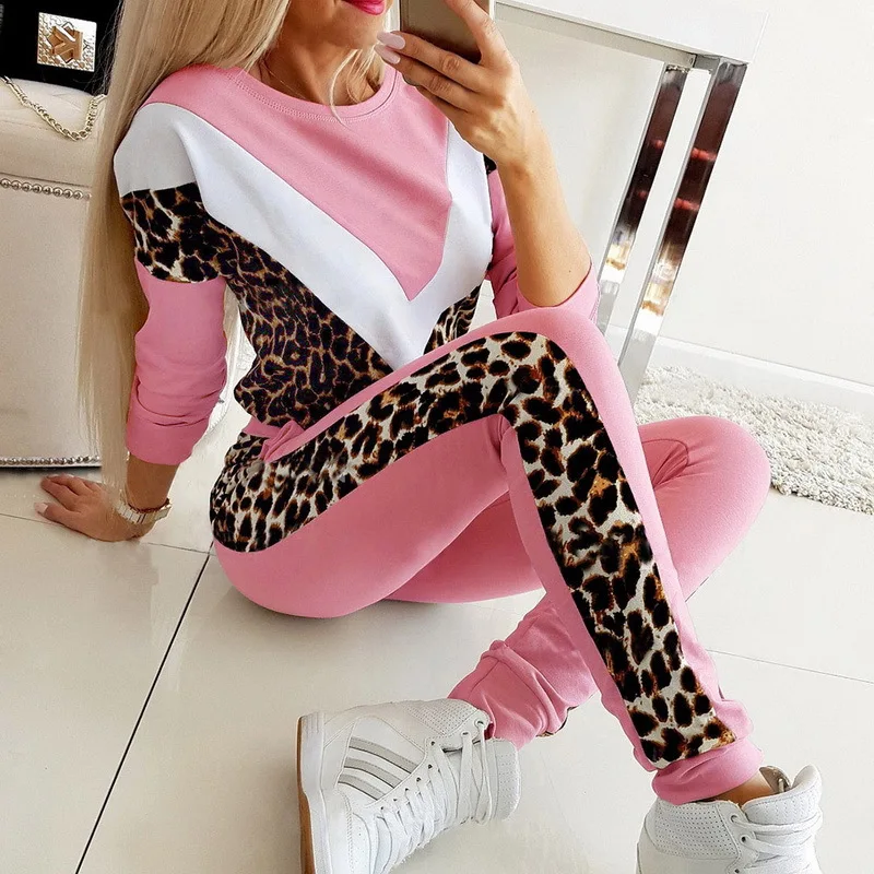 2 Pieces Set Women 2023 Sells Fall New Round Collar v-shaped Leopard Color Matching Fleece Suits Sports Set Dropshipping ZXP9597