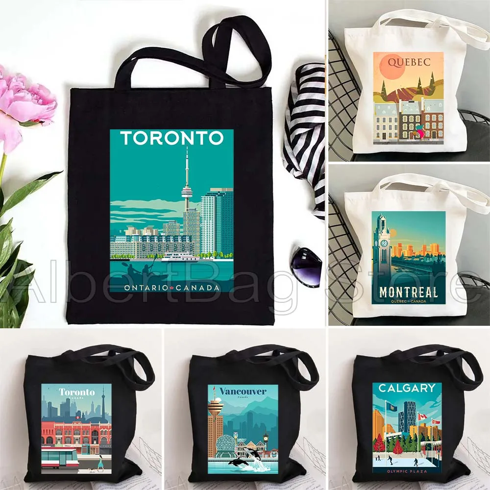

Travel Toronto Montreal Quebec Vancouver Canada Art Cityscape Women Canvas Tote Bag Harajuku Shoulder Shopper Reusable Handbag